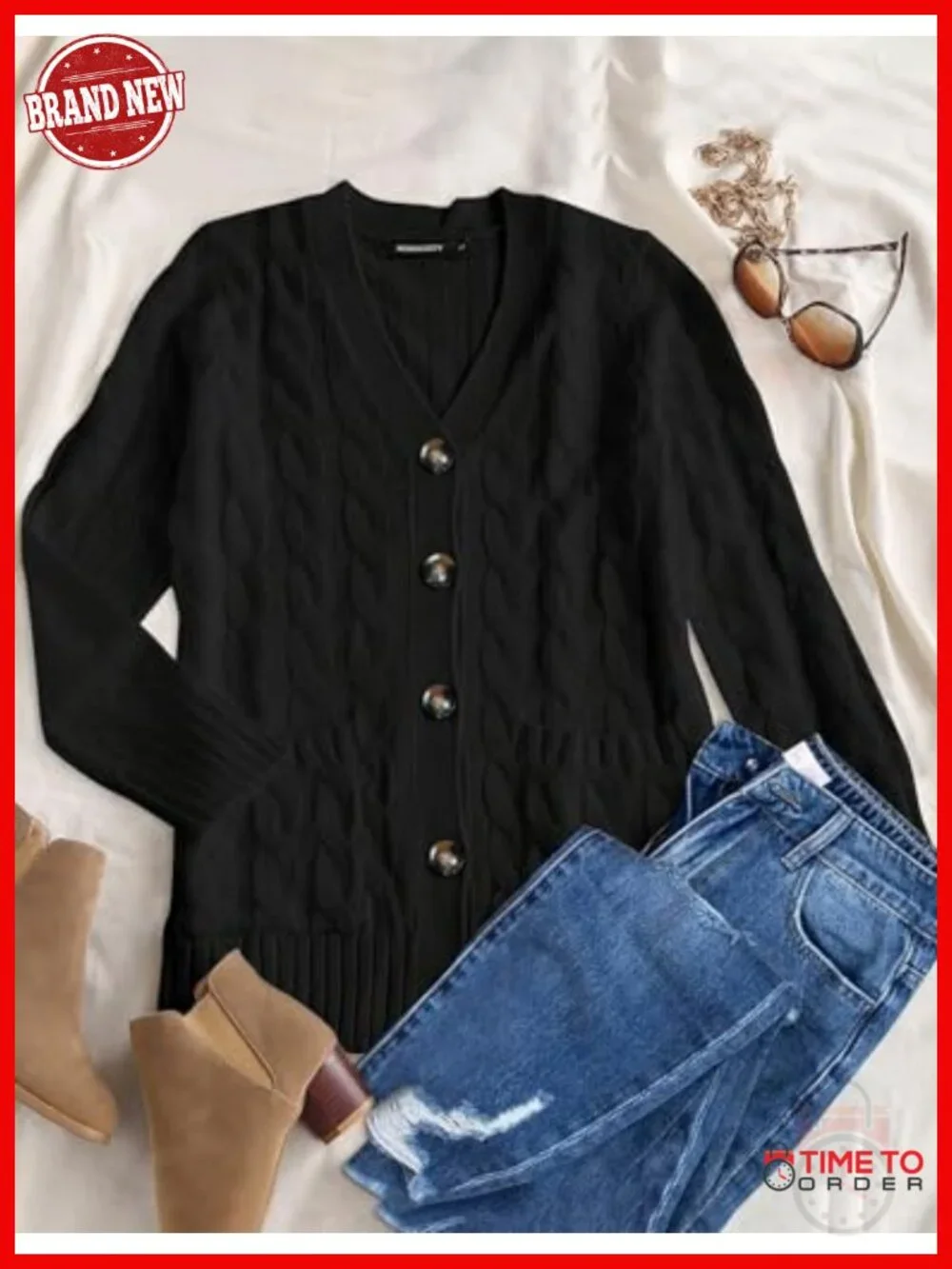 Cardigan Sweater for Women Cable Knit Open Front Button Chunky Long Sleeve